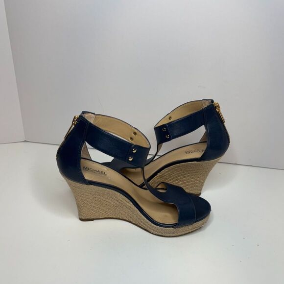 Michael Kors Navy Leather Stylish T Strap Open Toe Heeled Sandals Espadrilles - Picture 7 of 10